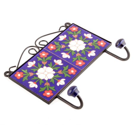 Navy Blue White Flower Tiles Hooks